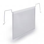 The picture shows a durable warehouse signage with a wire hanging document pocket, perfect for holding tickets. The pocket has a clear A5 size and comes in a pack of 50. The signage looks sturdy and professional. It is ideal for organizing and displaying important documents in a warehouse setting.