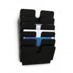 This photo showcases a sleek and sturdy black Durable FLEXIPLUS 6 wall mounted literature holder, specifically designed for A4 landscape documents. Its durable construction ensures long-lasting use for all your literature storage needs.