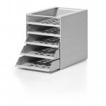 This picture showcases a durable IDEALBOX ECO recycled plastic 5 drawer file in a sleek grey color. The drawers are neatly stacked on top of each other, providing plenty of space for organizing important documents and letters. The sturdy construction ensures long-lasting use.