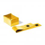 The image shows a pack of durable sign holders, titled Pallet Foot Ticket Sleeve, which contains 50 yellow document label pockets inside. These pockets are designed to securely hold documents in place while also protecting them from damage. It is ideal for organizing files and keeping them easily accessible.