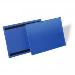 The photo features durable warehouse signage with magnetic ticket label holders and document pockets. The blue A4 packaging contains 50 pieces in a pack.
