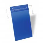 This photograph shows a pack of durable warehouse signage holders designed to hang securely with wire hangers. Each holder has a document pocket in portrait orientation, ideal for A4 sized documents. The blue color adds a pop of color to any display.