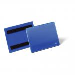 This picture shows 50 pack of durable blue A6 magnetic ticket label holder pouch document pockets designed for warehouse signage. The pouches are strong and sturdy, perfect for organizing and labeling items in a warehouse setting. They have a professional blue color and can easily hold important documents for easy access.