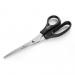 This picture features a pair of durable scissors made of high quality stainless steel. The scissors have a sleek black handle and measure 8 inches in length. Their ergonomic design makes them suitable for use in offices and for a variety of purposes, including cutting paper.