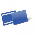 This picture shows a pack of 50 A5 blue durable adhesive ticket holder label pouch document pockets designed for use in warehouses. Each pocket has a strong adhesive for secure attachment and can hold large, clear labels to help with organization and identification of items.