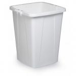 This photo features a white, square recycling bin with the label DURABIN on the front. It has a capacity of 90L and is made of durable material. The bin base is sturdy and built to last. A food waste bin is also included as part of the design.