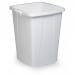 This photo features a white, square recycling bin with the label DURABIN on the front. It has a capacity of 90L and is made of durable material. The bin base is sturdy and built to last. A food waste bin is also included as part of the design.