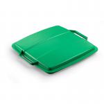 The picture shows a durable, green 90L square bin lid with the label DURABIN on it. It is designed for recycling and is food safe. The lid is sturdy and reliable, ensuring long-lasting use.