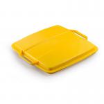 The photograph showcases a yellow, square bin lid labeled DURABIN 1800475030. It appears durable and suitable for recycling, with a 90L capacity. The lid is securely attached to the bin and appears to be food safe.