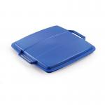 The photo features a durable 90L blue bin lid with a square design. It is perfect for recycling and is food safe. The label reads DURABIN 1800475040 in bold letters. The lid appears sturdy and long-lasting.