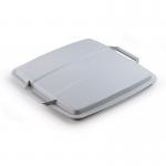 This photo features a durable grey bin lid with a square shape. It is specifically designed for recycling purposes and is labeled as safe for food storage. The bin lid is sturdy and built to last, providing a reliable solution for waste management.