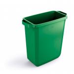 The photograph shows a rectangular green waste bin with a capacity of 60L. The bin has durable bin bases, making it strong and long-lasting. It can be used for recycling or as a food bin. The label reads DURABIN followed by numbers.