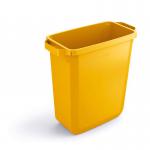 This image showcases a durable 60L yellow waste bin with a rectangular design. The bin is labeled for recycling and food waste, with the brand name DURABIN prominently displayed. The bin appears sturdy and well-made, with a smooth and clean surface. Its vibrant yellow color adds a pop of brightness to any room.