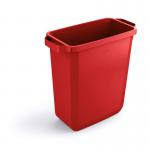 This picture features a red rectangular recycling bin, 60L in capacity, with the label DURABIN on the front. The bin is made of durable materials and is designed for waste or food storage. It has a clean and modern look, perfect for any household or office setting.