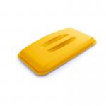 The photograph shows a bright yellow, rectangular bin lid with the words DURABIN printed on it. The lid is designed for a 60L bin and is labeled as food safe. It appears to be durable and sturdy, with a modern and practical design. Overall, the lid looks both functional and visually appealing.