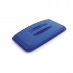 This picture shows a durable blue bin lid designed for rectangular recycling bins. The lid is labeled as food safe and is from the DURABIN 1800497040 line.