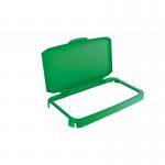 This picture features a durable 60L hinged bin lid in a vibrant green color. The lid is specifically designed for recycling and is food safe. The brand DURABIN can be seen on the lid along with the model number 1800500020.