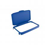 The photograph shows a durable blue hinged bin lid with a capacity of 60L. It is labeled as a recycling bin lid and is also food safe. The brand name is DURABIN.
