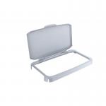 This photo shows a grey, hinged bin lid for a 60L durable bin. It is labeled as recycling bin lid and food safe and has the brand name DURABIN on it.
