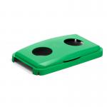 The image shows a green hinged bin lid labeled as DURABIN with a capacity of 60L. It has two holes, suitable for cans and bottles, making it convenient for separating waste. The lid appears to be sturdy and built to last, ensuring durability for long-term use.