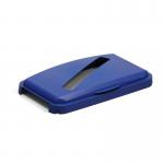 The image is of a durable blue bin lid, measuring 60L, with a hinged design. A slot cut-out is visible for easy recycling. The brand name, DURABIN, is printed on the lid.