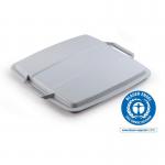 This photograph features a durable, eco-friendly grey bin lid made from recycled plastic. The square shape and DURABIN logo are visible, making it easy to identify.
