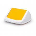 This photo shows a yellow, 40L square bin lid with a flip swing mechanism. It is made of strong and durable material, perfect for recycling bins. The lid is labelled with the brand DURABIN.
