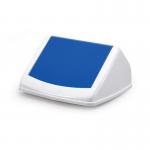 This image shows a bright blue, 40L square bin lid with a flip swing mechanism. The lid is labeled as durable and strong, and is specifically designed for recycling purposes.