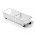 The image shows a white, square bin trolley with durable steel construction. The trolley has two compartments, each holding 40L, and is equipped with sturdy wheels for easy movement.