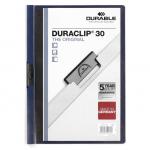 This image features a collection of durable clip files, specifically the DURACLIP 30 Sheet Document Clip File Folder in A4 size. The pack includes 25 clip files in a sleek midnight blue color. The files are designed to securely hold up to 30 pages, making them perfect for organizing important documents. The strong and long-lasting construction ensures that these clip files will protect your papers for years to come. The image showcases the sturdy clips and smooth, professional finish of the clip files.