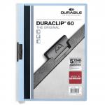 The photograph shows a stack of 25 blue A4 clip files. These Durable DURACLIP files are sturdy and can hold up to 60 sheets of documents. The front cover features a sleek design with the Durable logo. The durable clip is made of metal and has a strong grip to securely hold papers together. The folder is made of durable material and has a textured surface, providing extra protection for the documents inside. The pack of 25 ensures that there is plenty of storage for all your important documents.