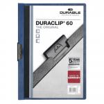 This picture shows a pack of 25 Durable Clip Files in a dark blue color. Each file has a durable DURACLIP that can hold up to 60 sheets of A4 sized documents. The files have a professional look with a smooth finish and are designed to keep your papers organized and secure. Perfect for any office or home setting.