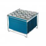 This photo showcases a sleek and durable filing trolley, designed with modern metal construction and a suspension rack for A4+ files. The silver finish adds a touch of sophistication to any office space.