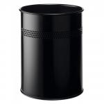 This photograph showcases a set of durable office bins, made from round metal with a perforated design. The steel material is scratch resistant and the bins have a 15L capacity. The color of the bins is black and they are labeled as the 330001 model.
