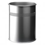 This image features a durable round metal waste bin with perforated design, made of scratch resistant steel in a sleek silver color. It has a capacity of 15L and is practical for any office space.