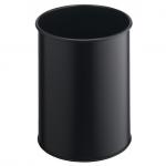 This image shows a sleek and modern black metal round waste bin, with a 15L capacity and scratch-resistant steel construction. Its durable design makes it perfect for any office, making it easy to keep your workspace clean and organized.