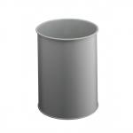The image shows a grey, round waste bin made of durable metal. The steel material is scratch resistant and can hold up to 15L of waste. Perfect for office spaces.