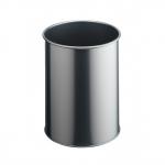 This picture shows a durable round waste bin made of scratch-resistant steel in a silver color. It has a capacity of 15 liters and is designed for use in an office setting. The metal material adds a sleek and professional touch to any workspace.