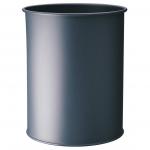 This photo shows a durable office bin made of scratch-resistant steel in a charcoal grey color. The round waste bin has a capacity of 15L and features a sleek and modern design. Perfect for any office or workspace.