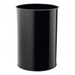 This photo shows a sturdy office waste bin made of metal with a scratch resistant steel finish. It has a round shape and a black color, with a capacity of 30L.