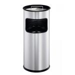 Durable Round Metal Waste Bin with Integrated Sand Ashtray - 17L - Silver 333023