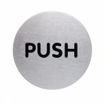 This image features durable room signs made of brushed stainless steel with the symbol for a fire door push prominently displayed. The adhesive backing ensures a secure placement that will withstand daily use. The sign measures 65mm in size.