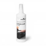 The photo shows a 250ml bottle of Durable SUPERCLEAN spray, specifically designed for cleaning anti-static electronics. The bottle features a bright, bold label with the brand name and product name clearly visible. The liquid inside is a clear, colorless fluid, and the bottles cap is securely sealed. The product is displayed against a clean, white background, with a small amount of liquid dripping off the nozzle to illustrate its effectiveness.