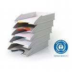 This photo captures a set of five durable letter trays from Durable VARICOLOR ECO. The trays are stackable and designed for A4+ sized documents. Each tray comes in a different color, making it easy to organize and identify files.
