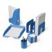 The image shows a set of durable desk organizers, including a memo pad cube and a note box, in shades of blue. The products are certified by Blue Angel and boast an eco-friendly design.