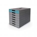 This photograph features an eco-friendly Durable IDEALBOX ECO 7 Drawer set made of recycled plastic in a vibrant blue color. The set is designed for file storage and organization, with multiple drawers to keep items secure and neat.