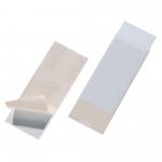 The picture shows a pack of 10 Durable POCKETFIX self-adhesive clear label sleeve pockets. Each pocket measures 150x58mm and is designed for durable filing accessories. The pockets appear transparent and can be easily attached to various surfaces. The clear label sleeve allows for easy labeling and organization of documents within the pocket. The self-adhesive feature ensures a secure hold onto folders or files.