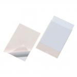 The photo shows ten clear label sleeve pockets, each with a self-adhesive backing, designed by Durable Filing Accessories. The pockets are A6 in size and are durable, perfect for organizing and protecting important documents. The clear design allows for easy identification of contents.
