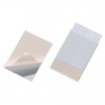 The image shows ten Durable POCKETFIX self-adhesive clear label sleeve pockets, each with an A7 size, neatly arranged in a pack. The pockets have a durable and sturdy build, perfect for keeping files and documents organized. The self-adhesive feature allows for easy and convenient attachment to files or binders. The clear label sleeve design allows for quick identification of the contents inside. Overall, the pockets have a professional and functional appearance.