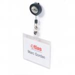This picture showcases 10 durable name badges with badge reels, name tag holders, and ID card inserts. The badges measure 60 x 90mm and are perfect for identification purposes.